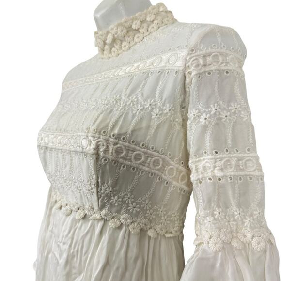 Vintage Prairie Cottagecore Victorian Bishio Sleeve Embroidered Ivory Dress XS - Picture 10 of 14